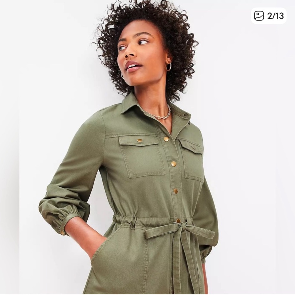 Women’s Army Green LOFT Ann Taylor Twill Utility Dress Medium Tall MT Tie Waist